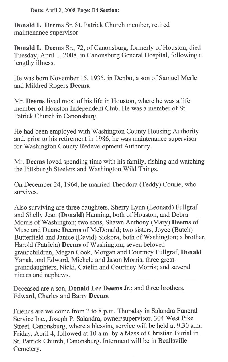 Donald L. Deems Sr. obituary